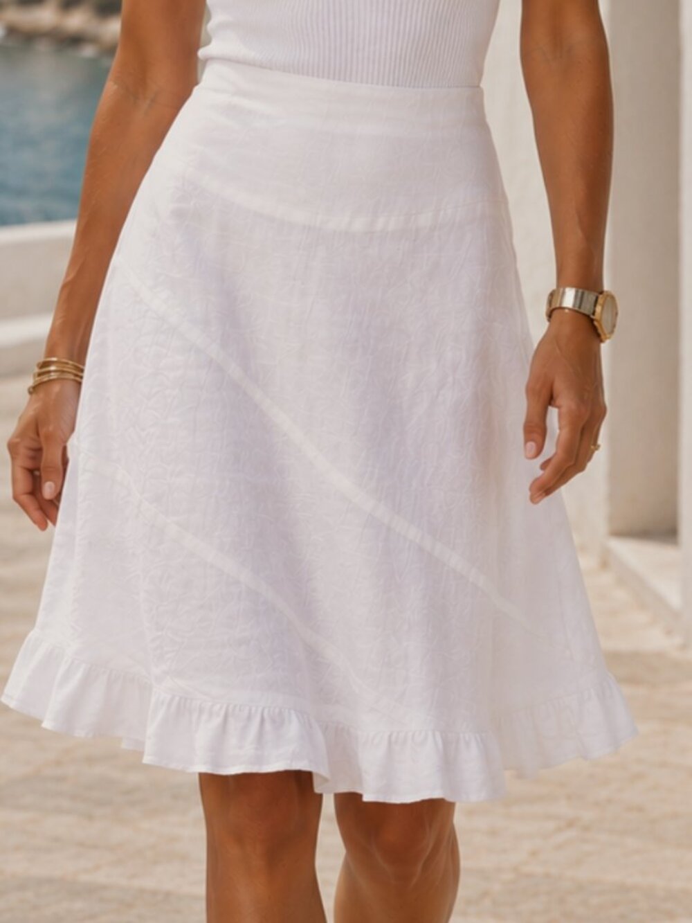 White Linen Bias Cut Paneled Midi Skirt L Coastal Romantic Minimalist Boho NWOT